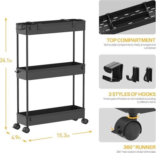 2 Pack 3 Tier Slim Storage Cart, Bathroom Rolling Utility - Image 3