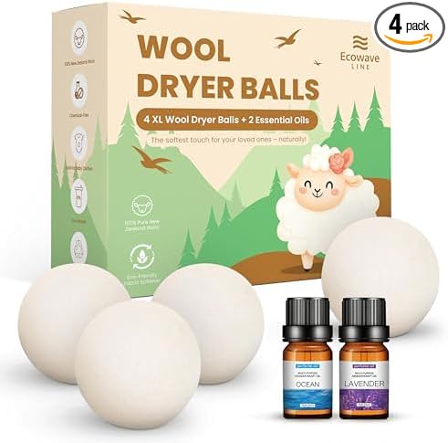 Wool Dryer Balls – 4XL Pack + 2 Essential Oils – 100% Pure New Zealand Wool – Eco-Friendly Fabric Softener