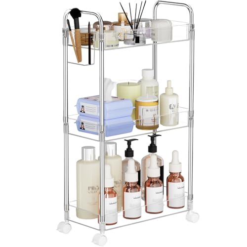 SPACEKEEPER 3 Tier Acrylic Storage Rolling Cart Clear Bathroom - Image 2