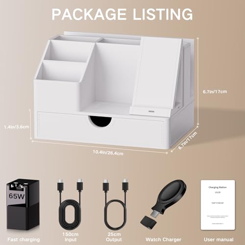 Sleek White PU Leather Charging Station with Drawer - 6-in-1 - Image 6