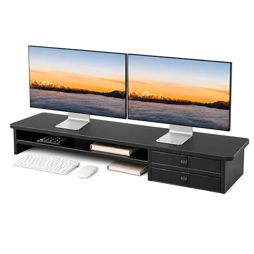 Dual Monitor Stand, 42.5 Inch Wood Monitor Riser with Drawers - Image 2