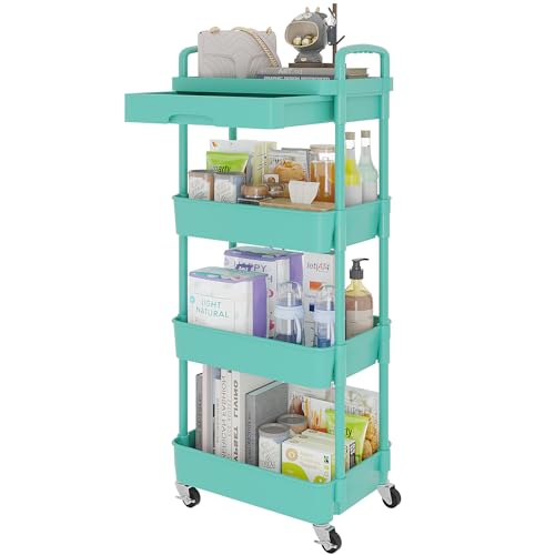 Calmootey 4-Tier Utility Cart with Drawer & Wheels | Home Organization - Image 2