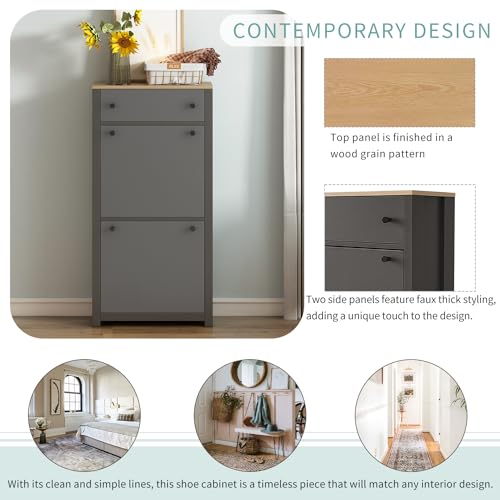 Functional Entryway Organizer with 2 Flip Drawers, Wood Grain - Image 5