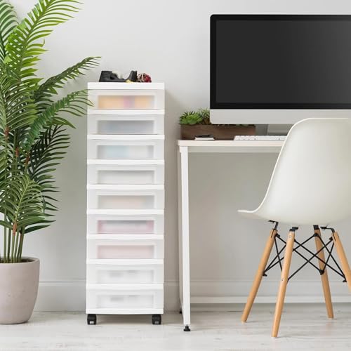 9-Drawer Narrow Plastic Storage Cart with Organizer Top, White - Image 3