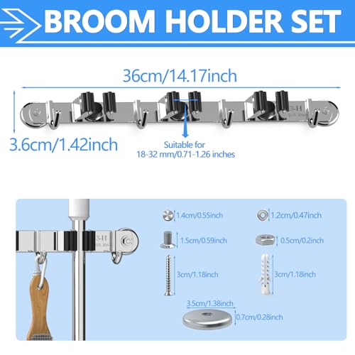 3-H Magnetic Broom Holder, 2 Pack, 3 Racks & 4 Hooks, Silver - Image 3