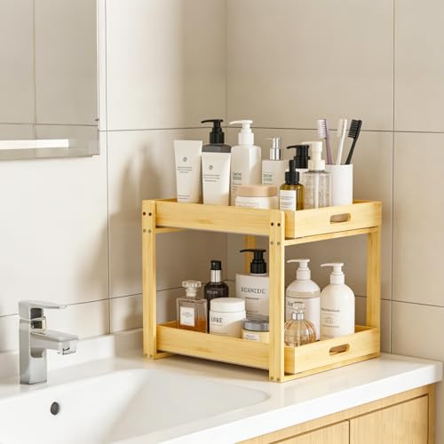 Bamboo Under Bathroom Sink Organizer - 2-Tier Pull Out - Image 5