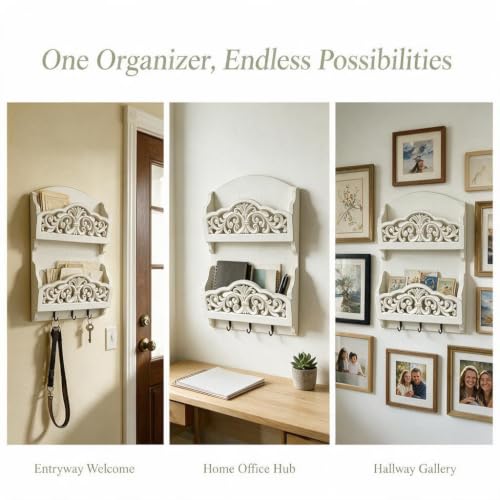 Rustic Key and Mail Holder, 2 Slot Wall Organizer with 3 - Image 6