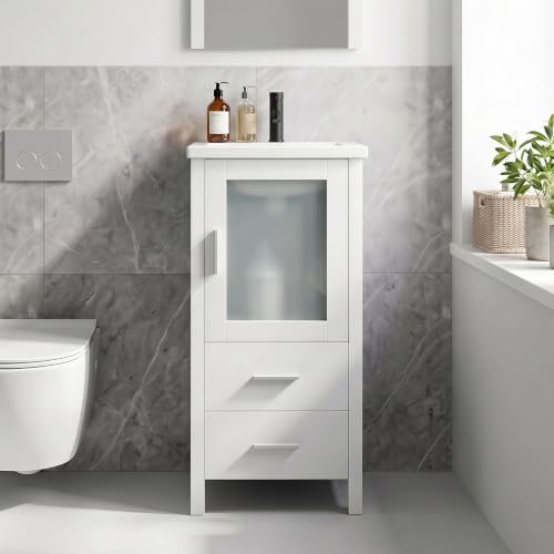 16 inch White Bathroom Vanity with Sink, Black Faucet - Image 8