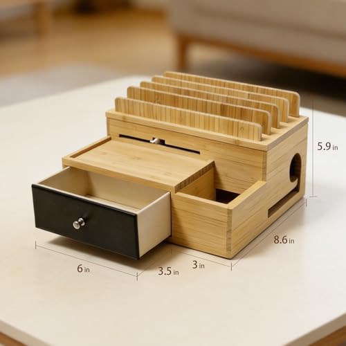 Bamboo Charging Station Organizer with Drawer and Pen Holder - Image 8