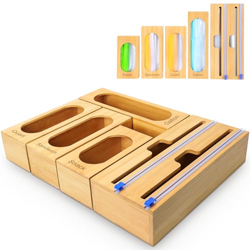 Storage Bag Organizer for Kitchen Drawer, 5-Slot, Bamboo - Image 2