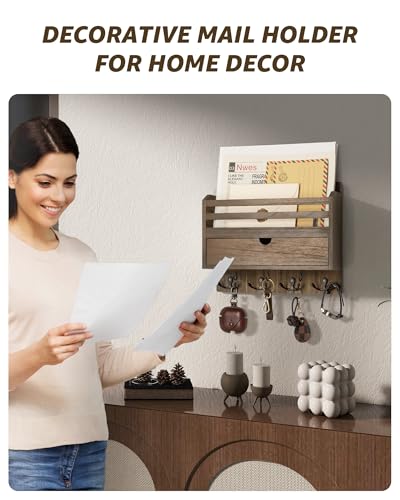 Mail Organizer Wall Mount with Hooks for Entryway, Retro Brown - Image 5