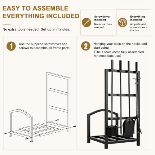 Fireplace Tools Set with Log Rack Holder, Heavy-Duty Steel Frame - Image 8