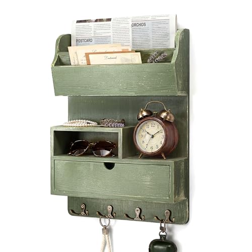Pine Wood Key Holder Wall Mount with Drawer & Mail Slot, Green - Image 2