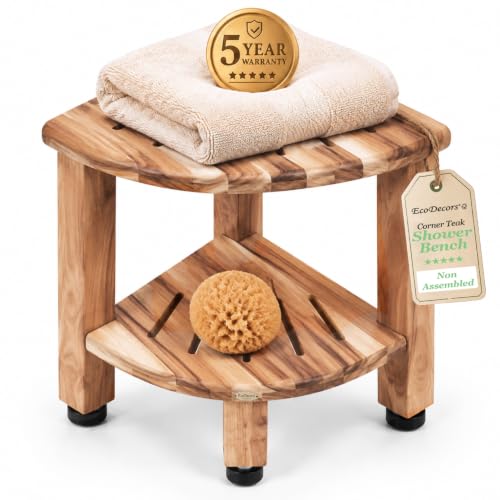 EcoDecors Corner 13" Teak Shower Bench with Shelf, Waterproof - Image 2