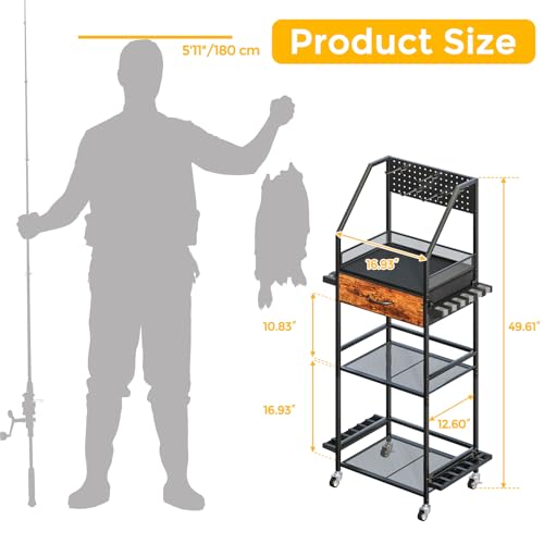Fishing Rod Holder Organizer with Fabric Drawer & Pegboard - Image 3