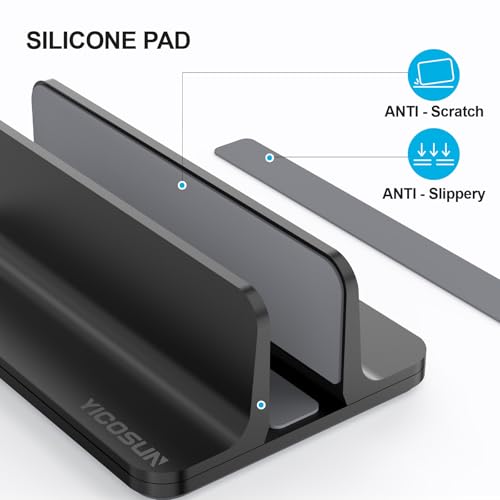 YICOSUN Aluminum Vertical Laptop Stand for Desk - Adjustable Width Dock for MacBook, Surface, Samsung, HP, Dell up to 17.3 inches - Space-Saving & Protective Design - Black