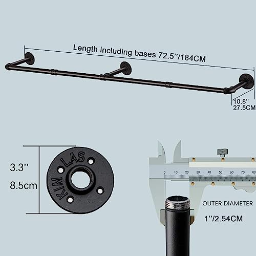 Industrial Pipe Clothes Rack with 3 Hooks, 72’'L Wall - Image 4