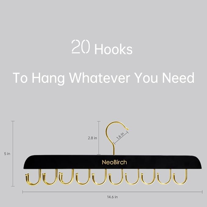 Bra Hanger for Closet Organizers and Storage | Space Saving Wooden Hanger | 20 Steel Hooks for Tank Tops, Camis, Hats, Lingeries, Belts, Ties, Scarfs Holder| 360° Rotating Non-Slip (1, Black)