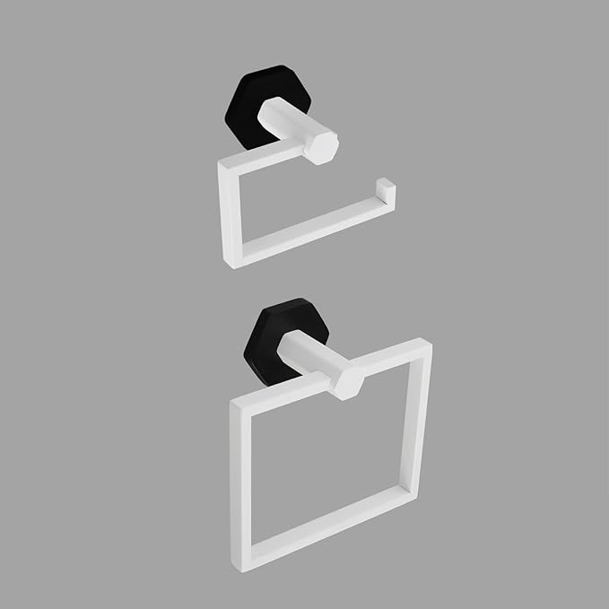 GERZWY Bathroom 2-Piece Hardware Set Stainless Steel Wall Mount - Towel Ring Toilet Paper Holder, White & Black