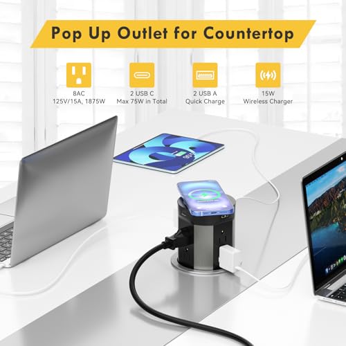 Kungfuking Pop Up Outlet for Countertop Kitchen, 15W Wireless - Image 3