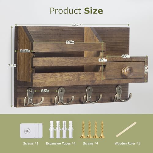 Key Holder Wall Mount, Wooden Key and Mail Organizer, Brown - Image 3
