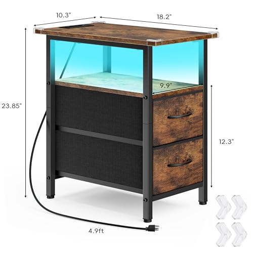 Vagusicc Nightstand with Charging Station and LED Lights, Narrow - Image 4