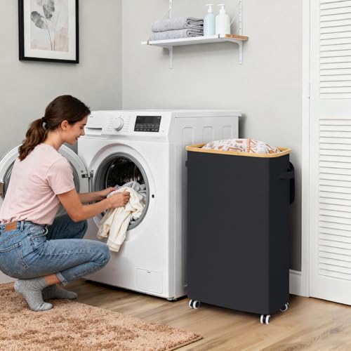 Goodpick 75L Rolling Laundry Basket with Wheels and Lid, Black - Image 3