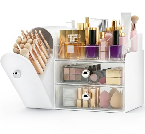 Makeup Organizer Countertop with Makeup Brush Holder,White - Image 2