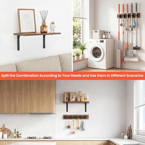 Broom Holder Wall Mount, Wooden Shelf, Rustic Wood Broom Hanger - Image 8
