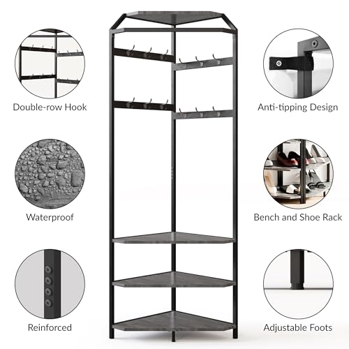 Corner Hall Tree with Shoe Bench & 6 Double Hooks, Space-Saving - Image 6