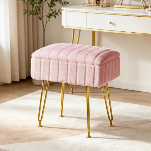 FUXA Vanity Stool Chair with Storage, Faux Fur and Metal Legs - Image 3