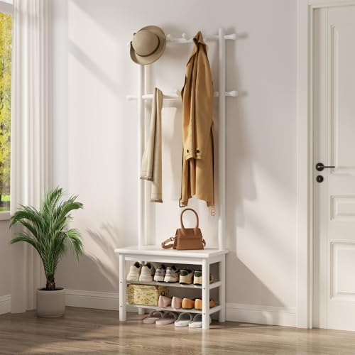 AQIMUELE Coat Rack with Shoe Storage, Narrow Wooden Hall Tree - Image 2