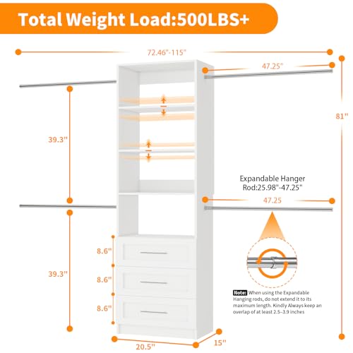 Closet System,5FT-9FT Closet Organizer with 3 Drawers - Image 6