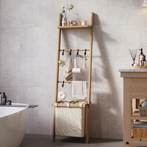 63" Bamboo Blanket Ladder with Shelf, Fabric Storage - Image 7