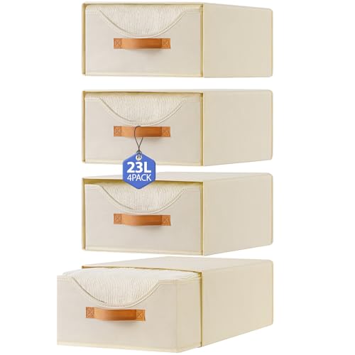 4 Pcs Pull-Out Stackable Storage Drawers for Closet, Beige - Image 2