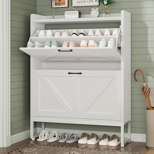Shoe Cabinet, Shoe Storage Cabinet with 2 Flip Drawers & - Image 2
