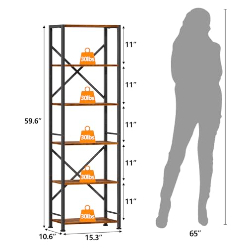 Furologee 6 Tier Bookshelf, Tall Narrow Bookcase, Rustic Brown - Image 4
