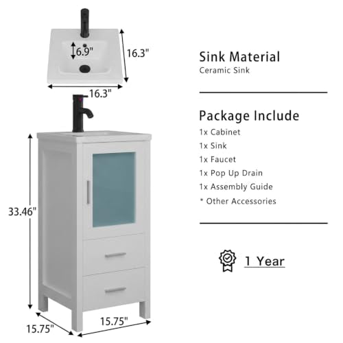 16 inch White Bathroom Vanity with Sink, Black Faucet - Image 3