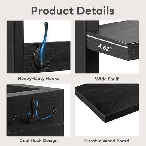 29" Coat Rack Wall Mount with Shelf, Mail & Key Organizer, Black - Image 6
