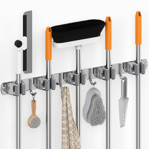 5 Grippers Broom Holder Wall Mount with 4 Hooks Stainless Steel - Image 2