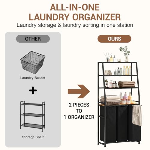 Laundry Hamper With Shelf, 3 Compartment Laundry Sorter - Image 6