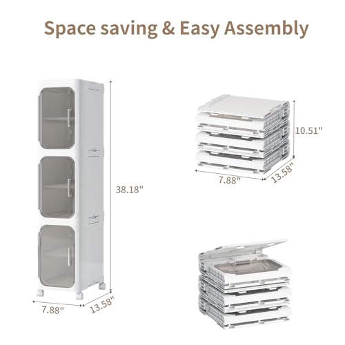 3 Tier Slim Bathroom Storage Cabinet, Foldable and Movable, White - Image 3