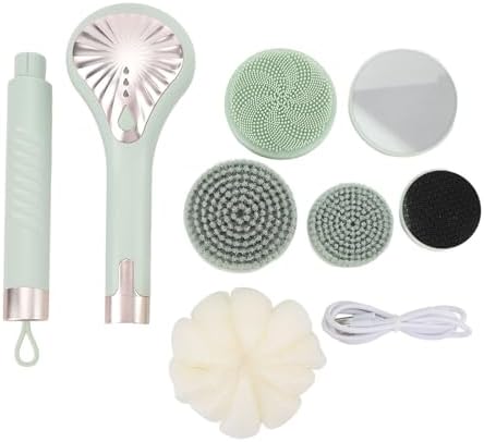 Rechargeable Electric Back Scrubber Body Brush with 3 Gears Multifunctional Shower Bathing Tool, Detachable Long Handle & 6 Brush Heads for Complete Shower Use - Light Green