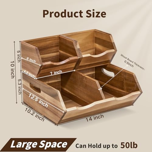 Acacia Wood Pantry Storage Bins, Stackable Storage Baskets - Image 4
