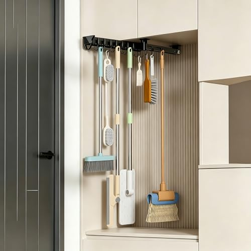 Mop Broom Holder with Heavy Duty Hooks Pull Out Slide Organizer - Image 2