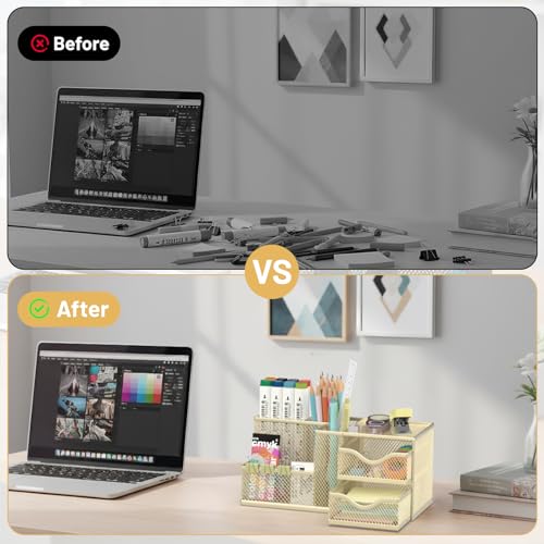 Mesh Desk Organizer with 2 Drawers, Metal Pen Holder for Desk - Image 6