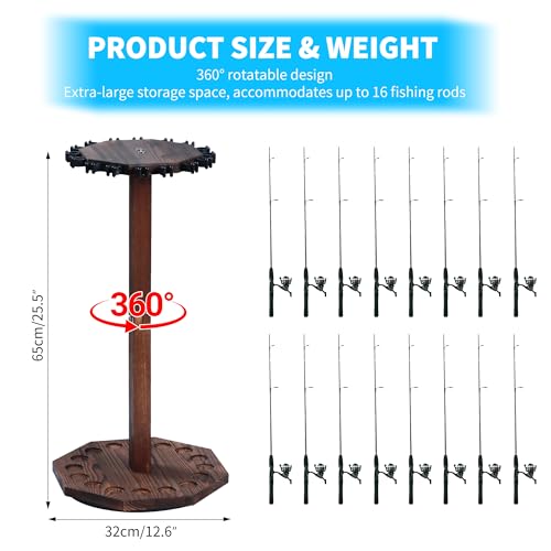 360° Rotating Natural Wood Fishing Rod Holder, Round - Image 3