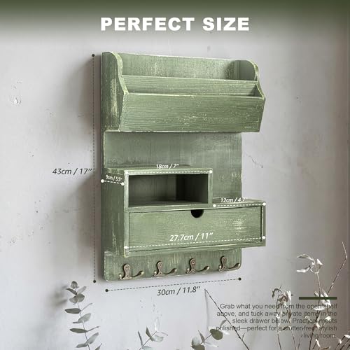 Pine Wood Key Holder Wall Mount with Drawer & Mail Slot, Green - Image 3