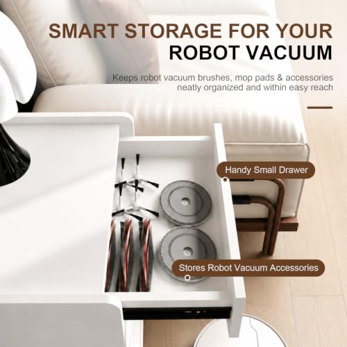 Robot Vacuum Storage Cabinet, White Side Table with Drawer - Image 7