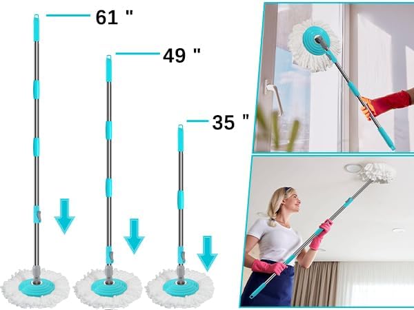 Stainless Steel Extendable Mop Handle with 2 Microfiber Replacement Heads & 360° Rotating Base Plate — Fits Standard Mop Buckets -Blue